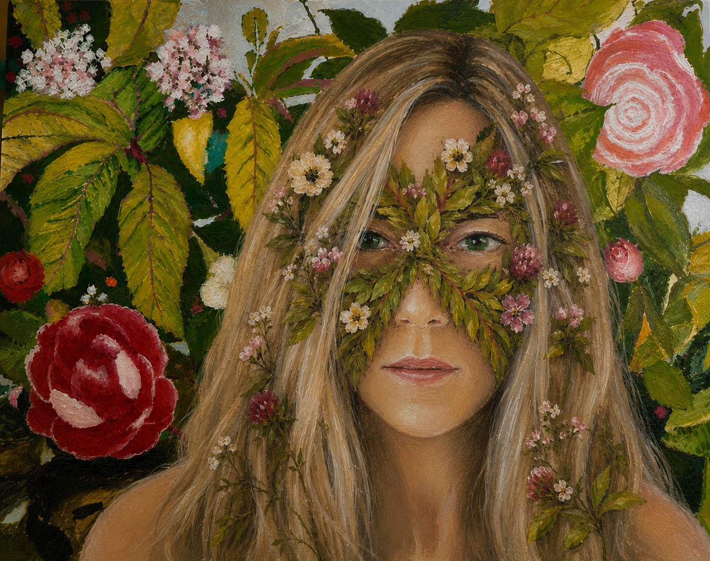 Self-portrait of Patricia Schaefer, her face partly veiled by a mask of leaves and small blossoms against a lush garden of roses